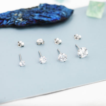 Simple CZ Crystal Stud Earrings in Sterling Silver, 3mm, 4mm, 5mm and 6mm, Various Sizes, Minimalist CZ Stud