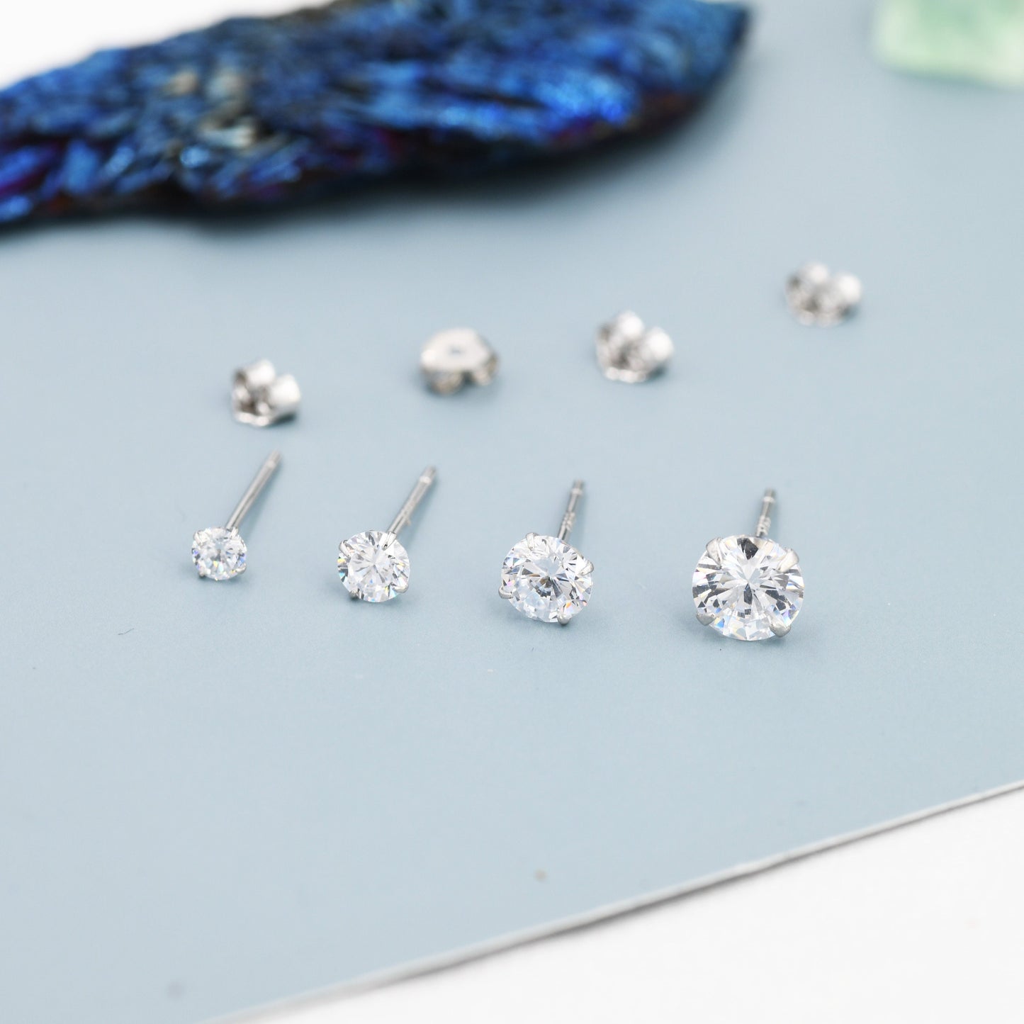 Simple CZ Crystal Stud Earrings in Sterling Silver, 3mm, 4mm, 5mm and 6mm, Various Sizes, Minimalist CZ Stud