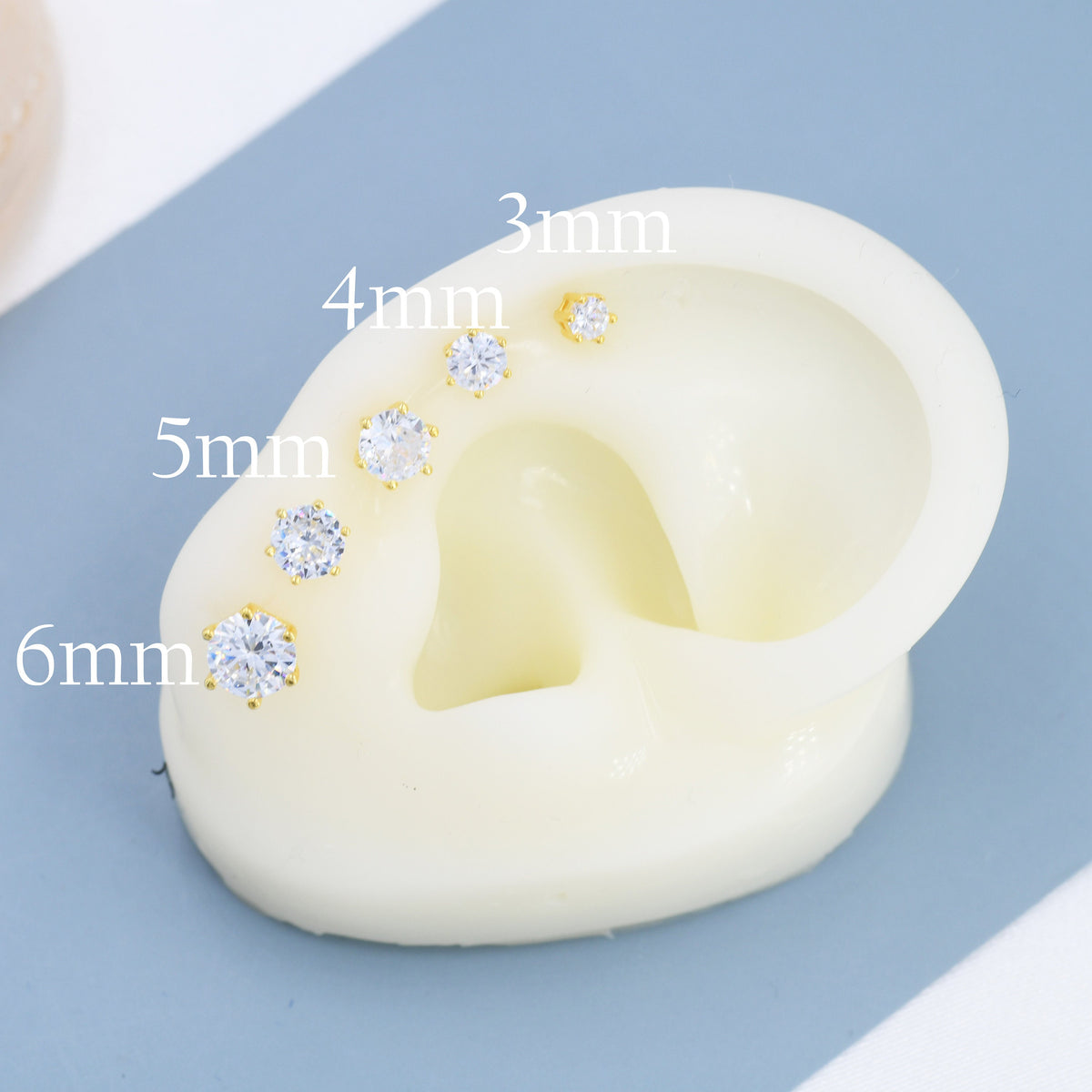 Simple CZ Crystal Stud Earrings in Sterling Silver, 3mm, 4mm, 5mm and 6mm, Six Prong, 6 Prong, Various Sizes, Minimalist CZ Stud