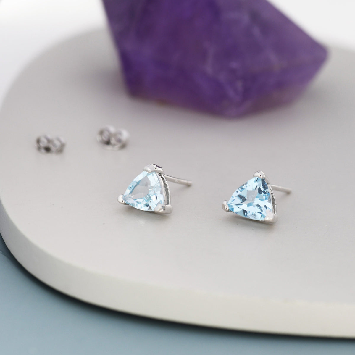 Genuine Swiss Blue Topaz Trillion Cut Stud Earrings in Sterling Silver, 6mm Trillion Cut, Large Topaz Stud Earrings, Natural and Untreated