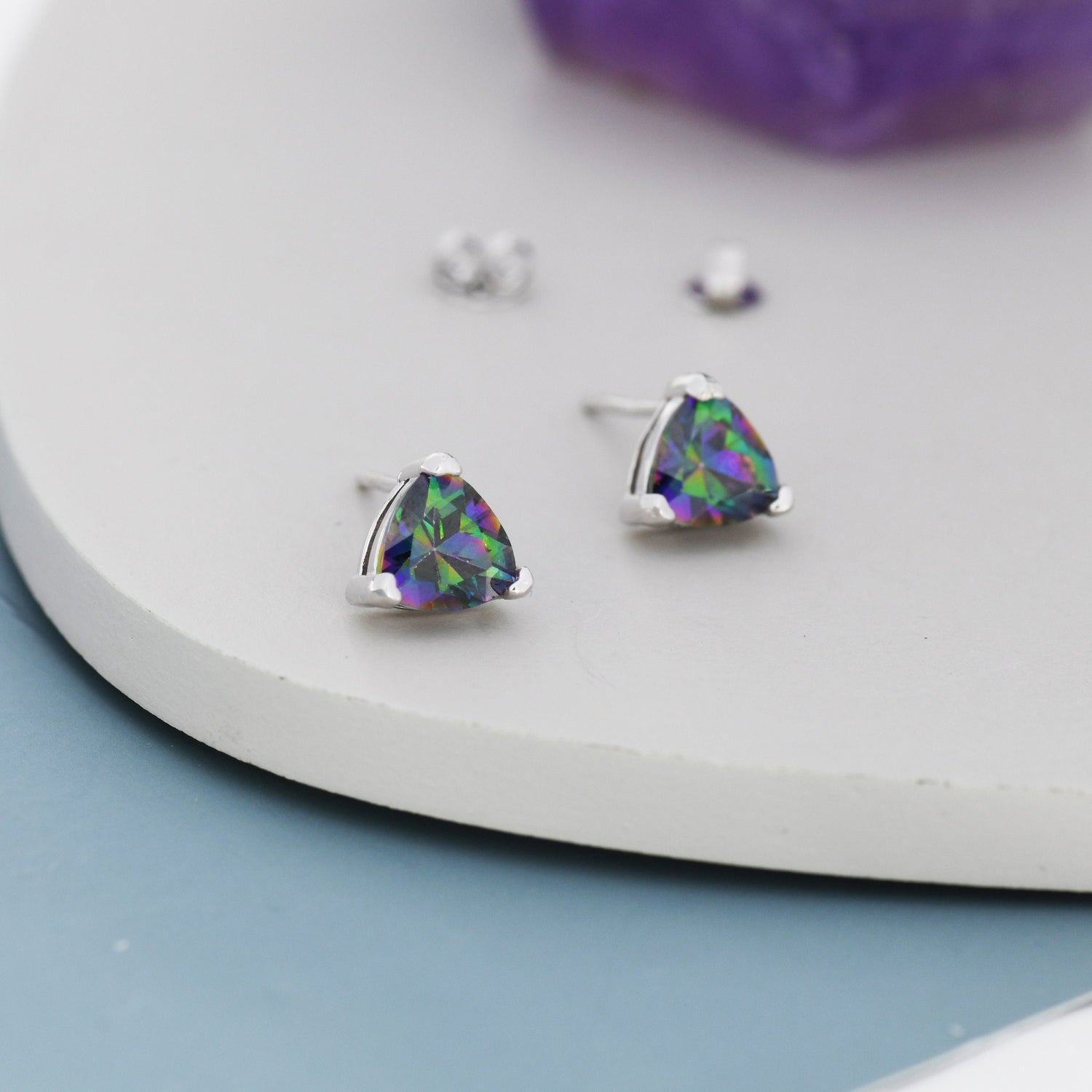 Mystic Topaz Trillion Cut Stud Earrings in Sterling Silver, 6mm Trillion Cut, Lab Mystic Topaz Earrings