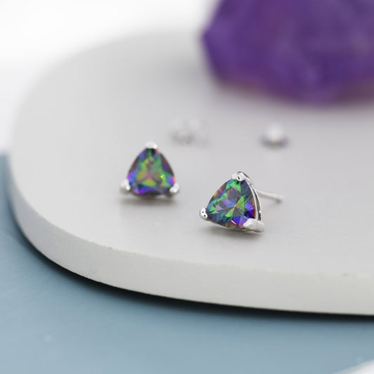 Mystic Topaz Trillion Cut Stud Earrings in Sterling Silver, 6mm Trillion Cut, Lab Mystic Topaz Earrings