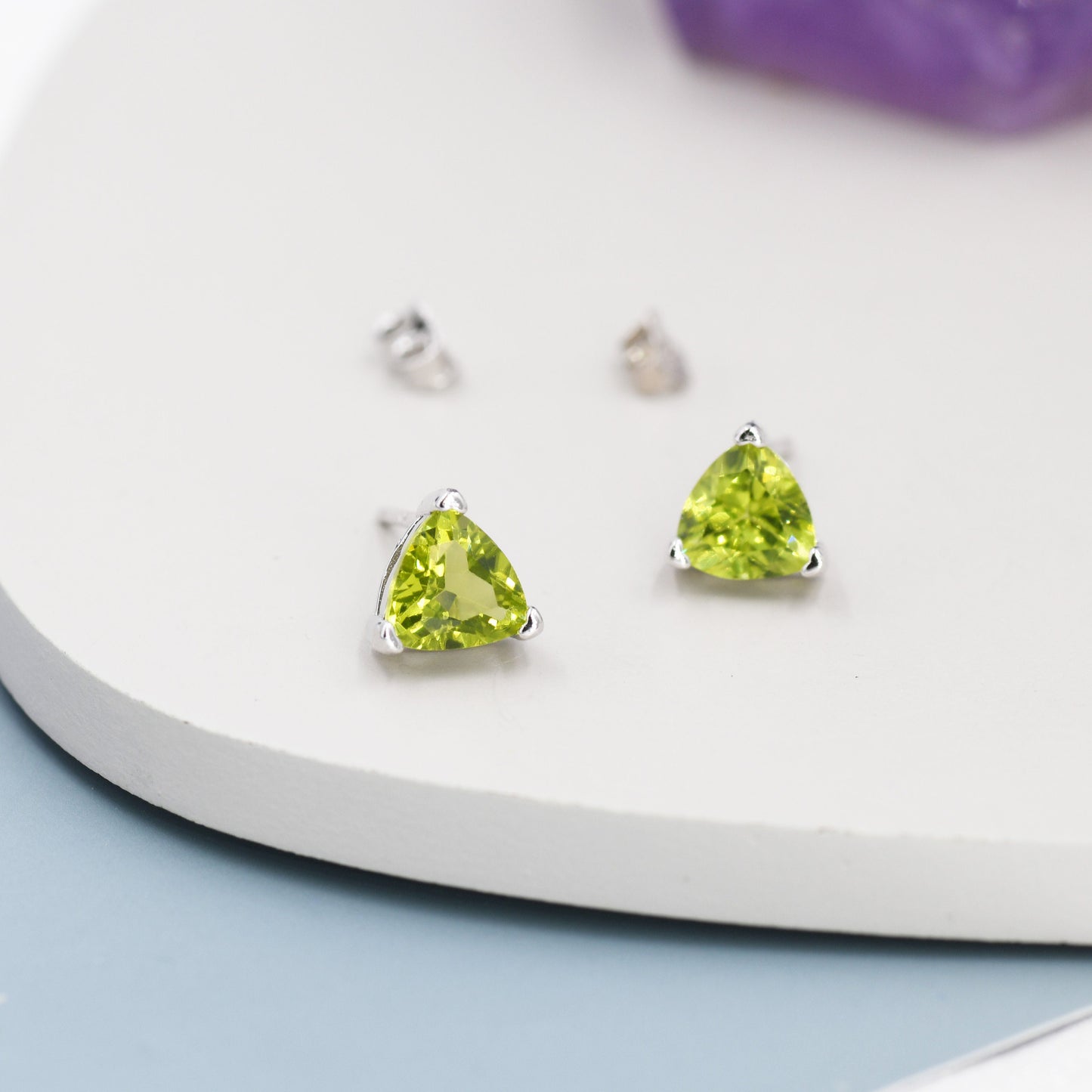 Genuine Peridot Trillion Cut Stud Earrings in Sterling Silver, 6mm Trillion Cut, Large Peridot Stud Earrings, Natural and Untreated