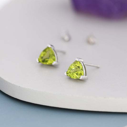 Genuine Peridot Trillion Cut Stud Earrings in Sterling Silver, 6mm Trillion Cut, Large Peridot Stud Earrings, Natural and Untreated