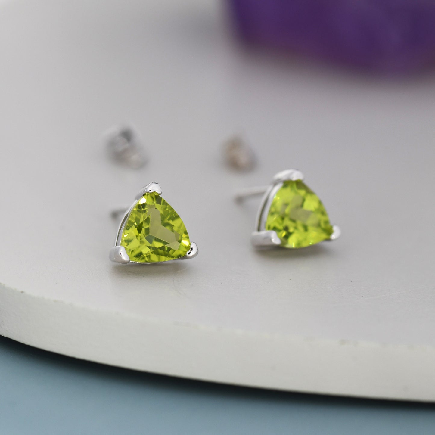 Genuine Peridot Trillion Cut Stud Earrings in Sterling Silver, 6mm Trillion Cut, Large Peridot Stud Earrings, Natural and Untreated