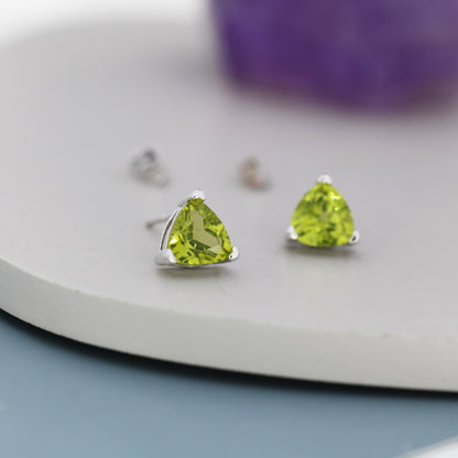 Genuine Peridot Trillion Cut Stud Earrings in Sterling Silver, 6mm Trillion Cut, Large Peridot Stud Earrings, Natural and Untreated