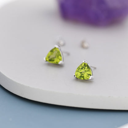 Genuine Peridot Trillion Cut Stud Earrings in Sterling Silver, 6mm Trillion Cut, Large Peridot Stud Earrings, Natural and Untreated