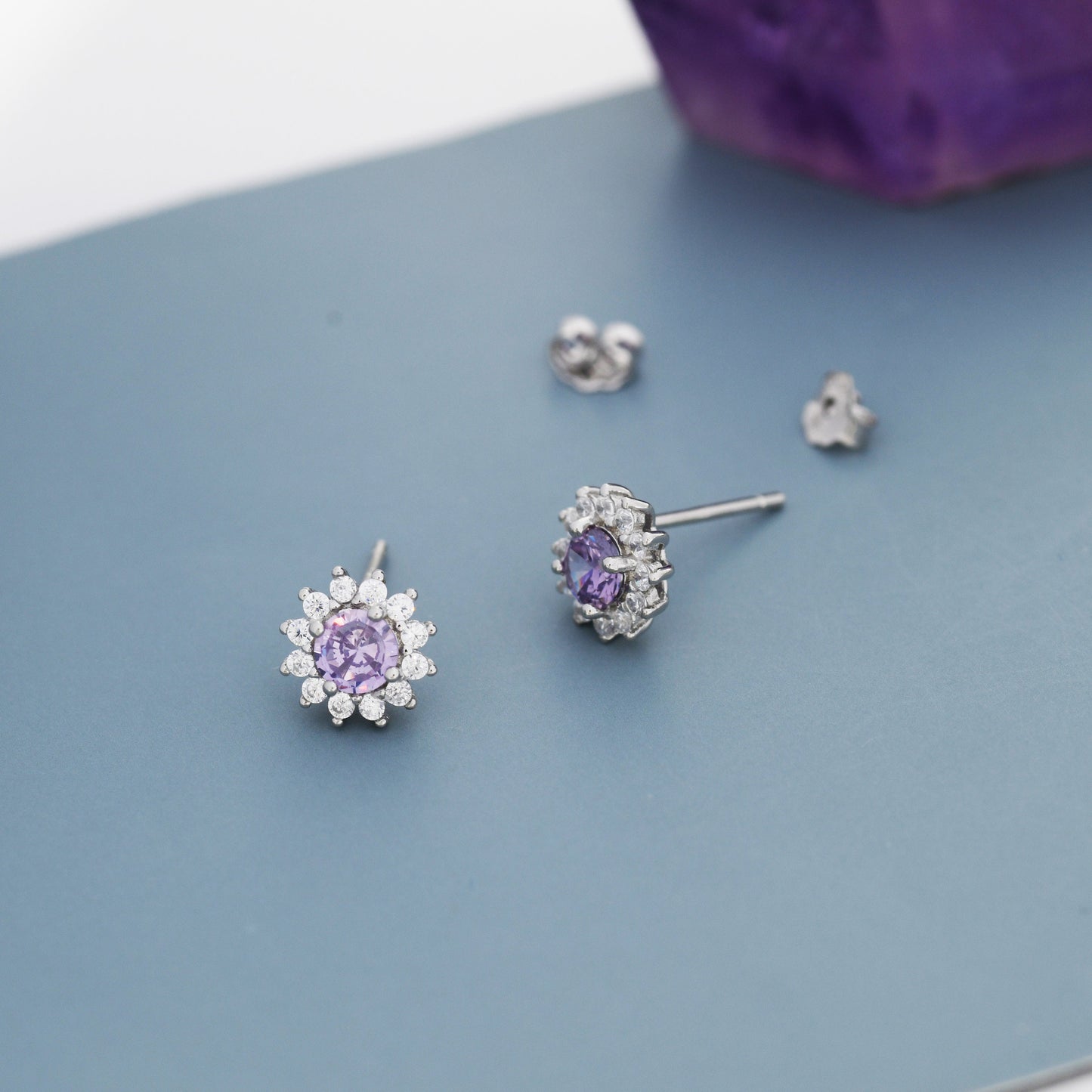 Amethyst Purple CZ Halo Stud Earrings in Sterling Silver, Silver or Gold, February Birthstone Earrings, Flower CZ Earrings