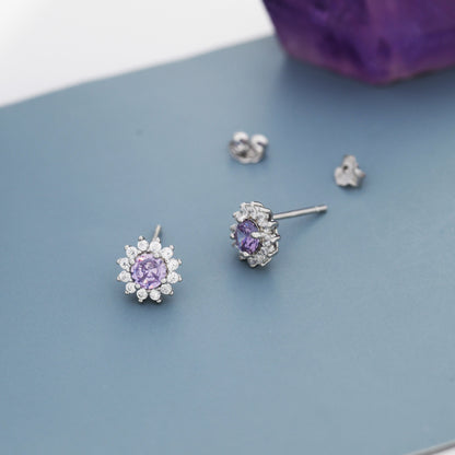 Amethyst Purple CZ Halo Stud Earrings in Sterling Silver, Silver or Gold, February Birthstone Earrings, Flower CZ Earrings