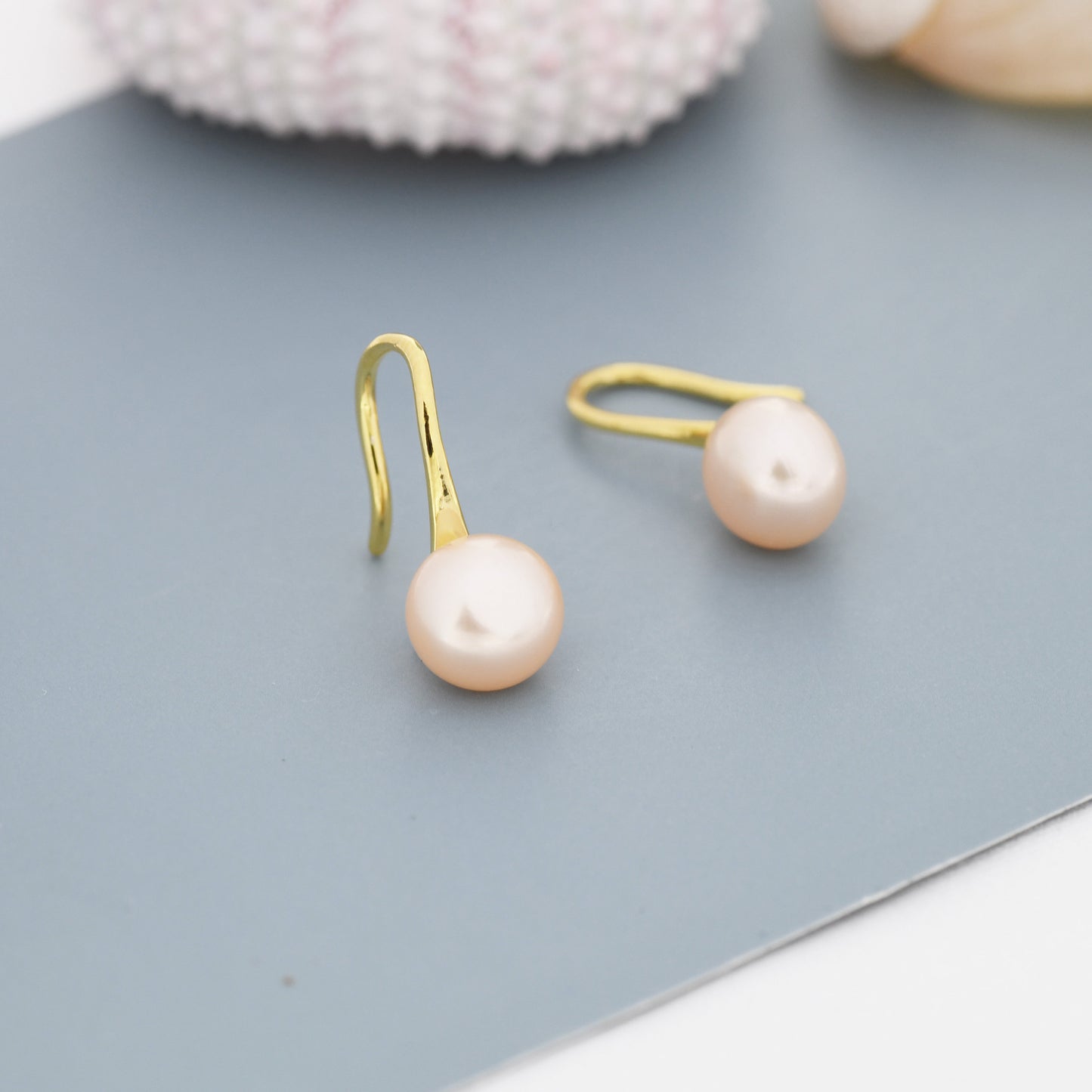 Genuine Pink Freshwater Pearl Hook Earrings in Sterling Silver, 7mm or 8mm, Natural Freshwater Pearls, Silver or Gold, Pink Pearl