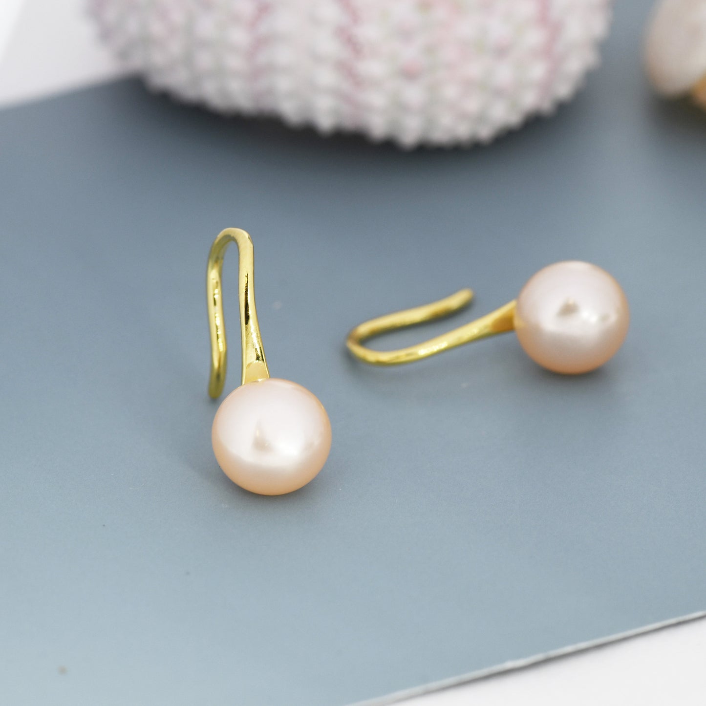 Genuine Pink Freshwater Pearl Hook Earrings in Sterling Silver, 7mm or 8mm, Natural Freshwater Pearls, Silver or Gold, Pink Pearl