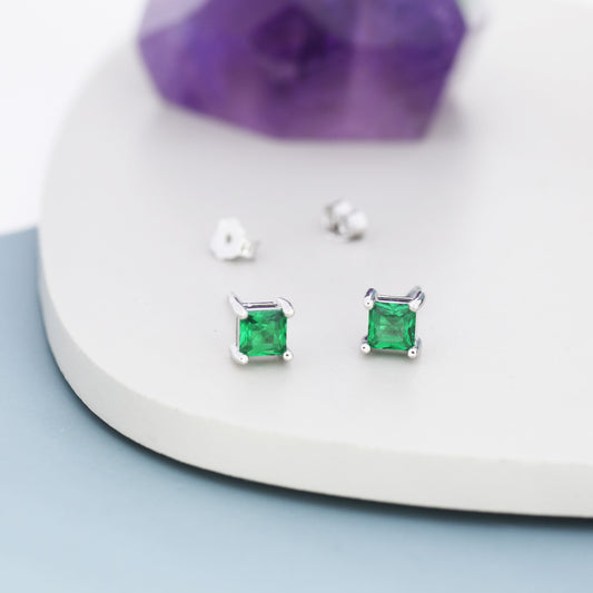 Princess Cut Emerald Green CZ Stud Earrings in Sterling Silver,  Square Cut Crystal Earrings, May Birthstone