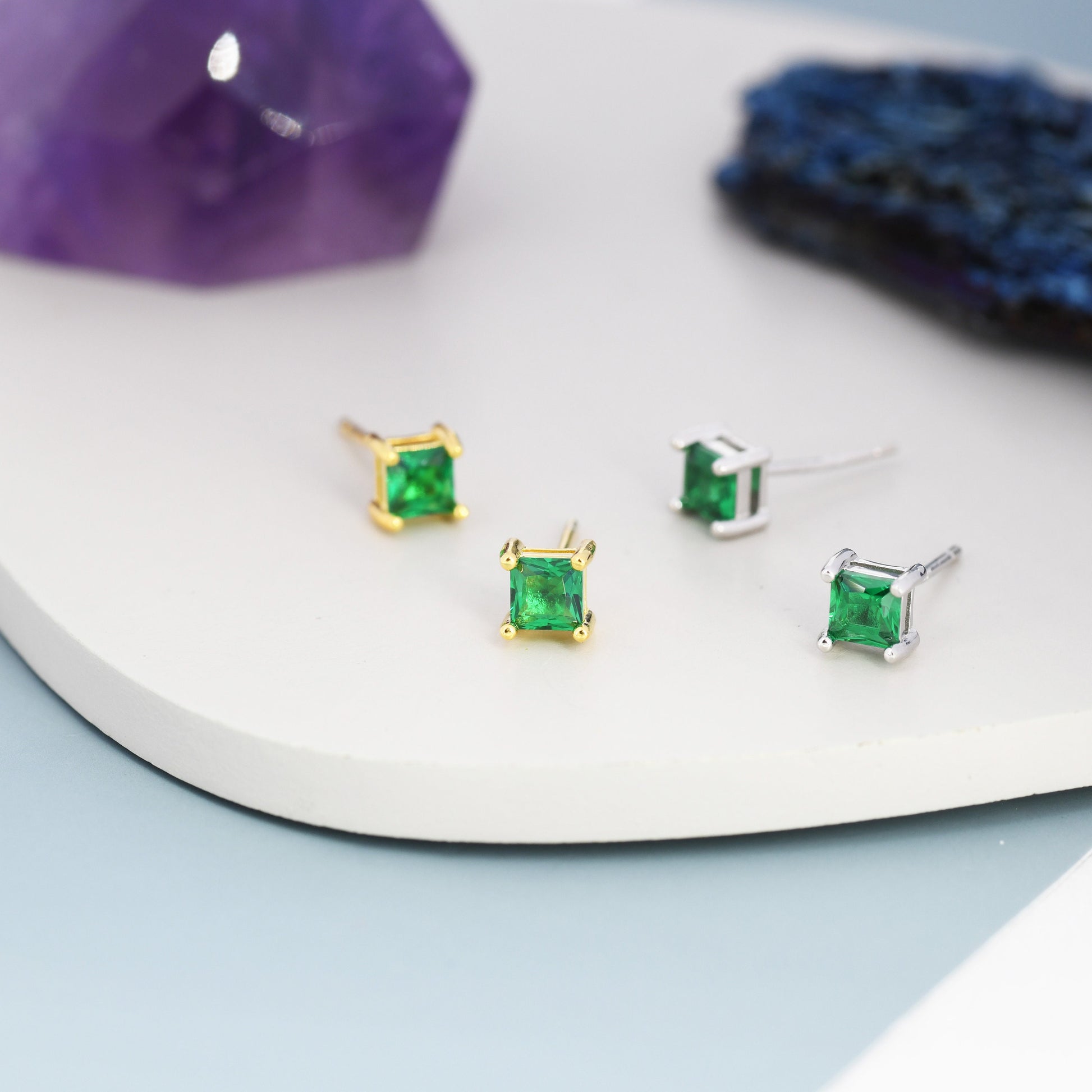 Princess Cut Emerald Green CZ Stud Earrings in Sterling Silver, Square Cut Crystal Earrings, May Birthstone
