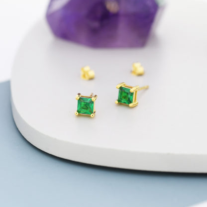 Princess Cut Emerald Green CZ Stud Earrings in Sterling Silver, Square Cut Crystal Earrings, May Birthstone