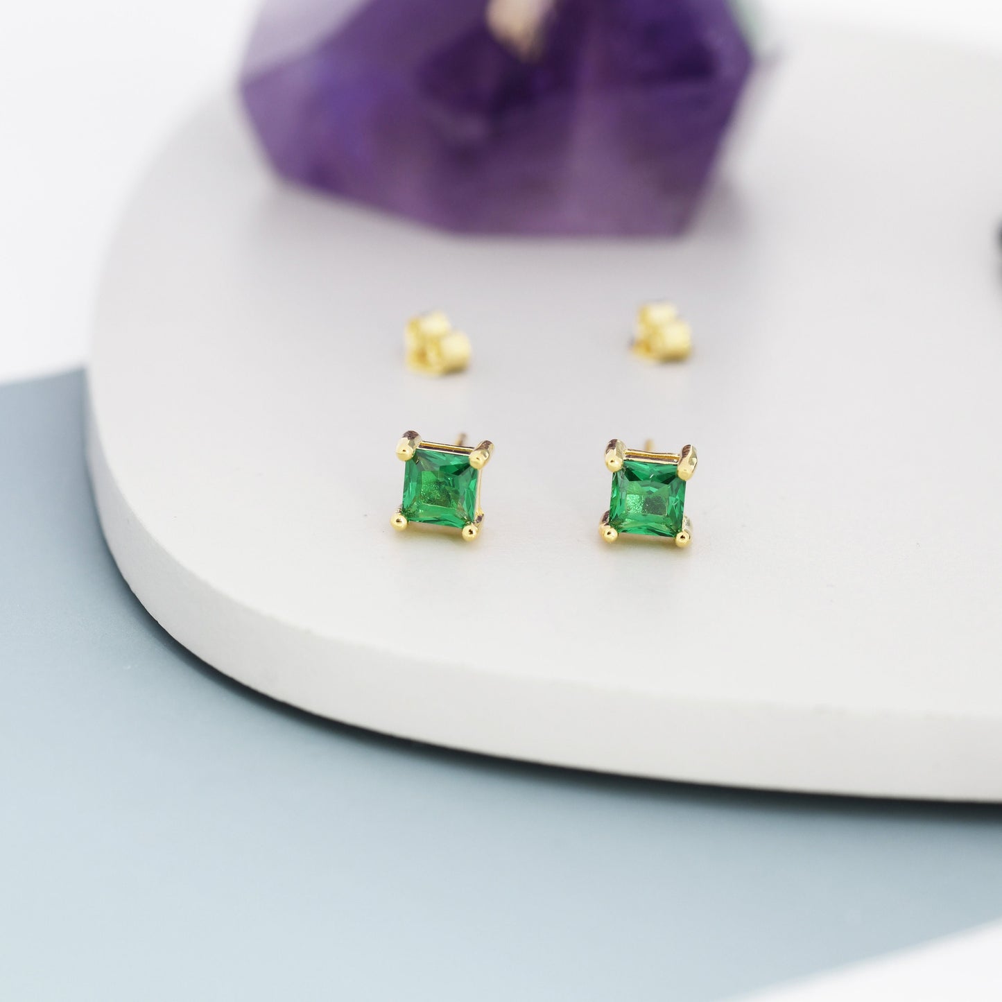 Princess Cut Emerald Green CZ Stud Earrings in Sterling Silver, Square Cut Crystal Earrings, May Birthstone