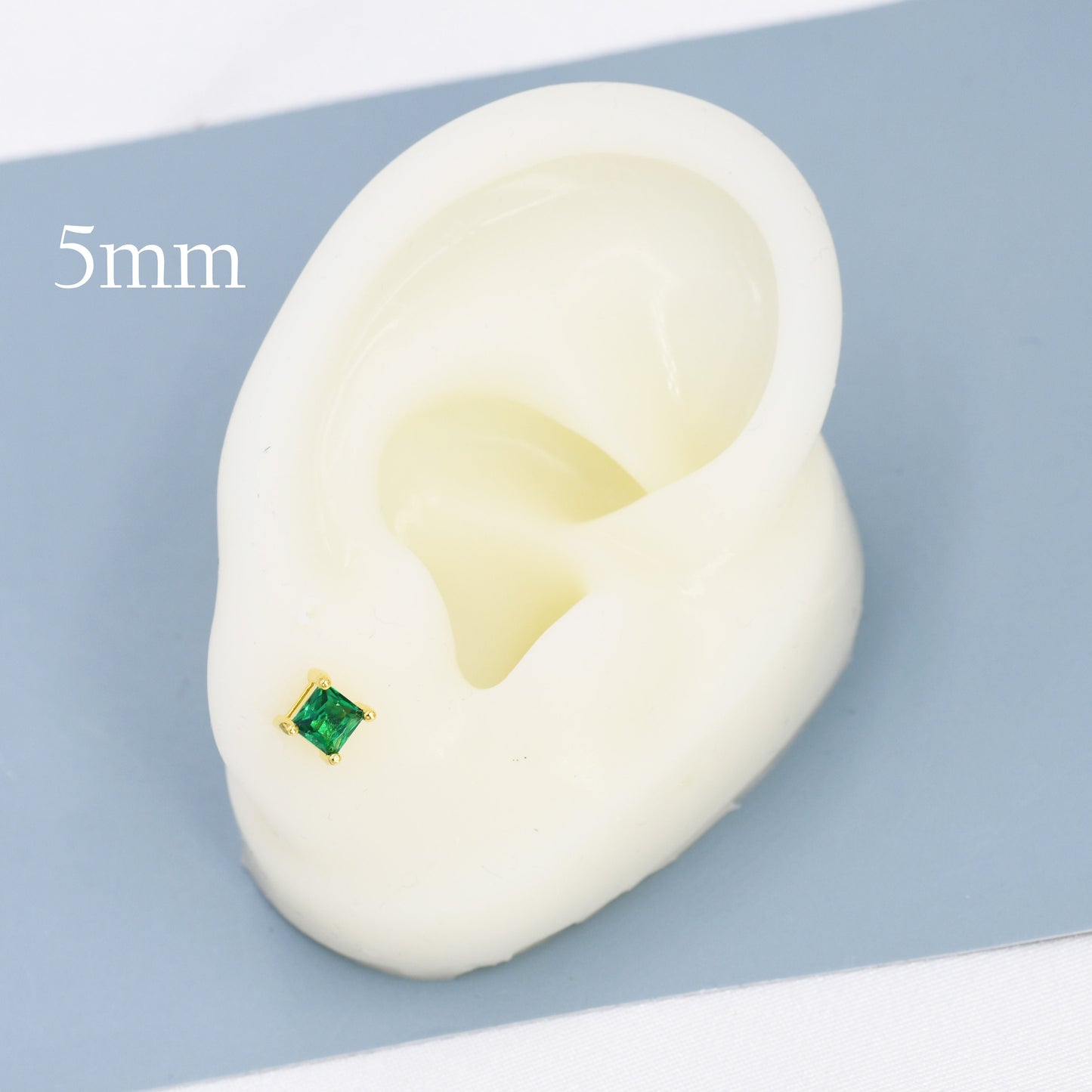 Princess Cut Emerald Green CZ Stud Earrings in Sterling Silver, Square Cut Crystal Earrings, May Birthstone