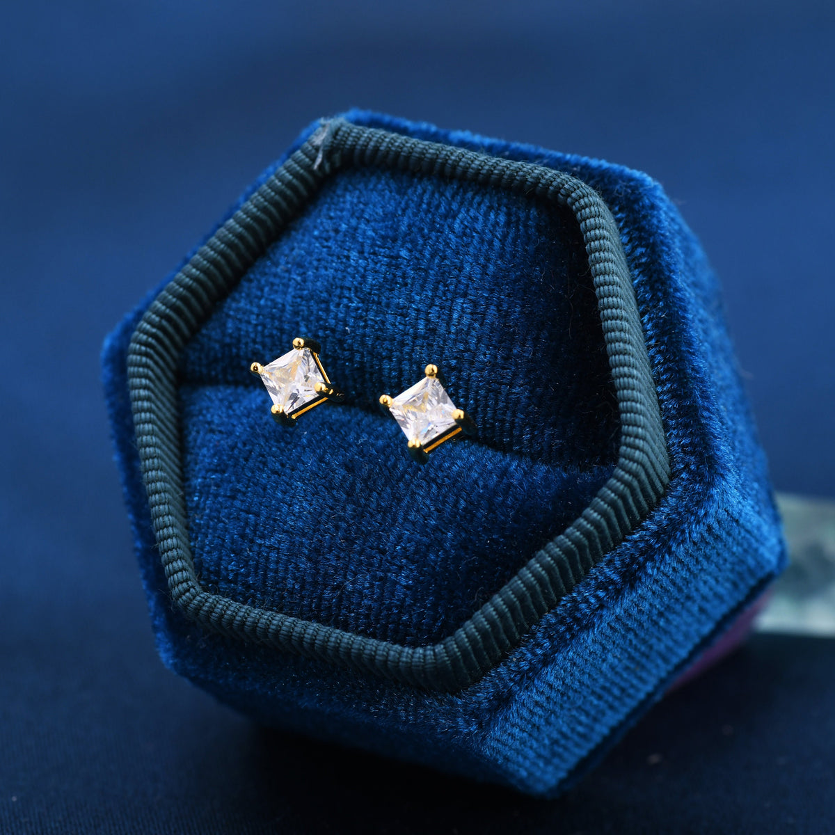 Princess Cut CZ Stud Earrings in Sterling Silver, Square Cut Crystal Earrings, Diamond CZ, April Birthstone