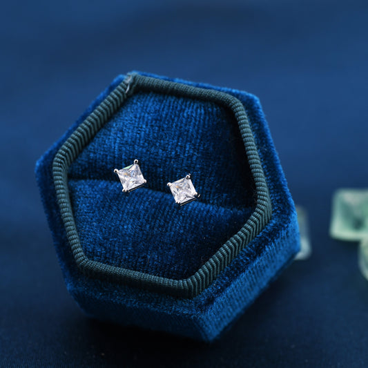 Princess Cut CZ Stud Earrings in Sterling Silver, Square Cut Crystal Earrings, Diamond CZ, April Birthstone