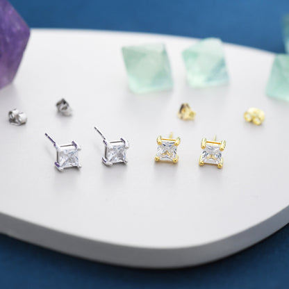 Princess Cut CZ Stud Earrings in Sterling Silver,  Square Cut Crystal Earrings, Diamond CZ, April Birthstone