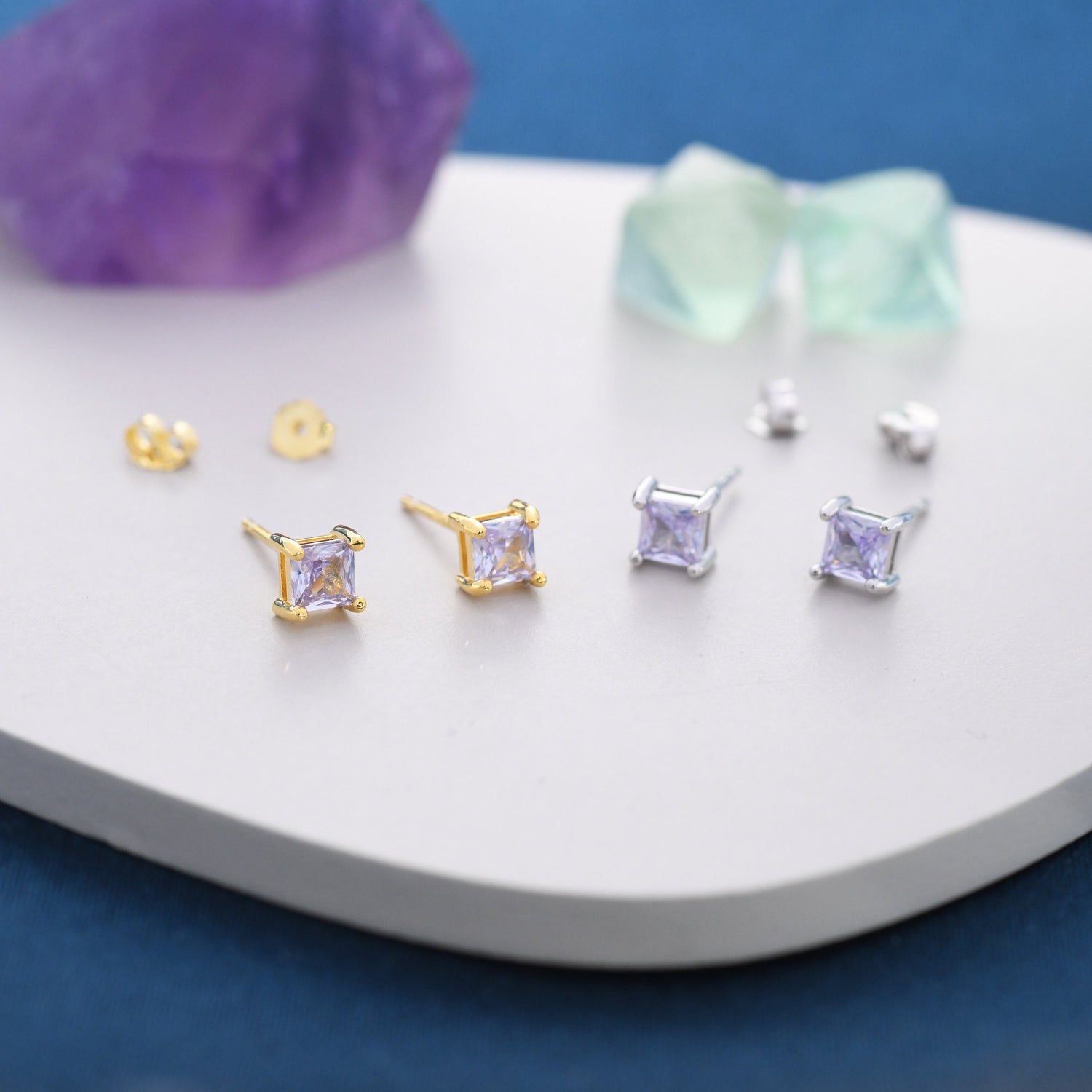 Princess Cut Alexandrite CZ Stud Earrings in Sterling Silver,  Square Cut Crystal Earrings, Lilac Purple CZ, June Birthstone