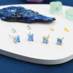 Princess Cut Aquamarine Blue CZ Stud Earrings in Sterling Silver, Square Cut Crystal Earrings, Lilac Purple CZ, March Birthstone