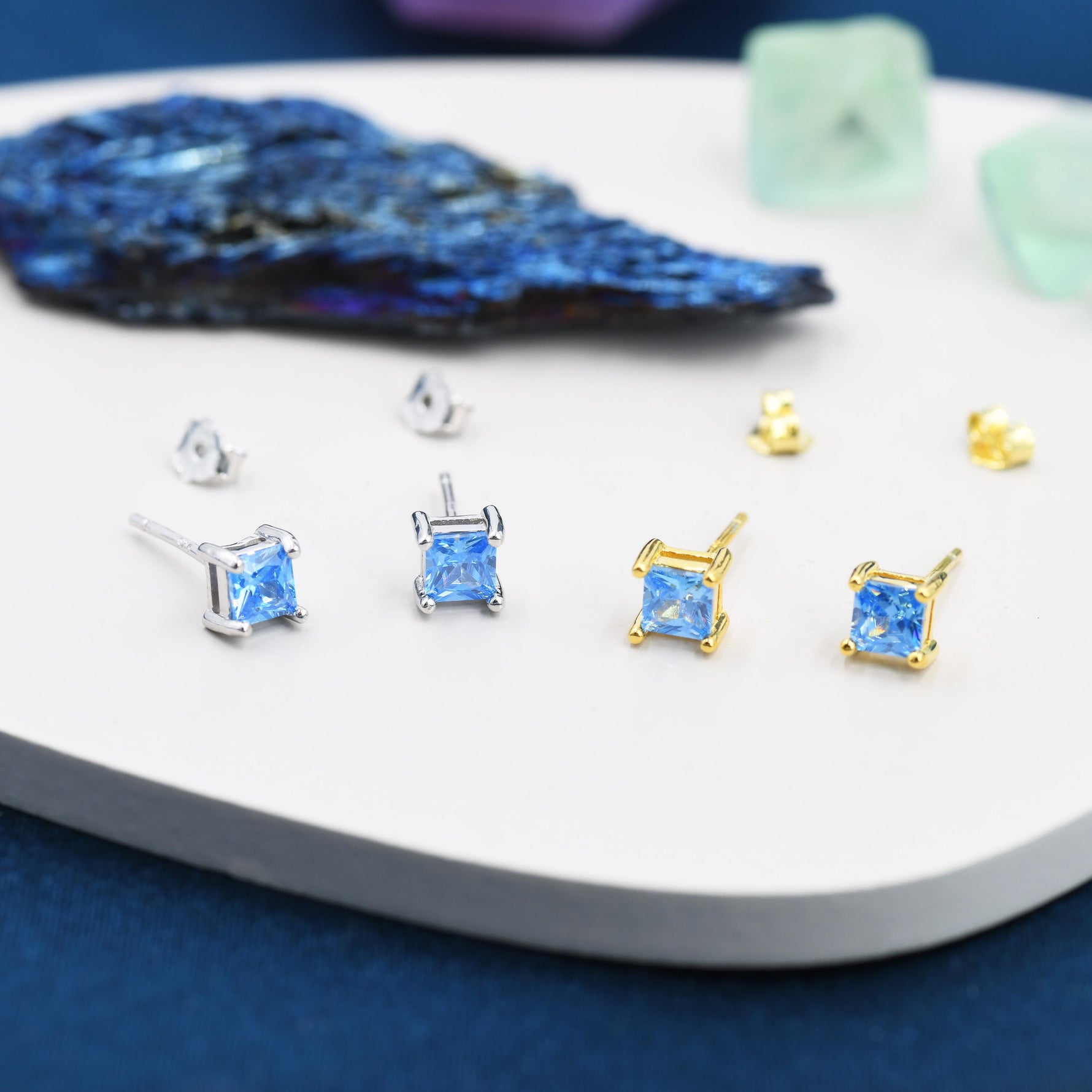 Princess Cut Aquamarine Blue CZ Stud Earrings in Sterling Silver, Square Cut Crystal Earrings, Lilac Purple CZ, March Birthstone