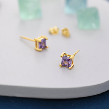 Princess Cut Amethyst Purple Stud Earrings in Sterling Silver,  Square Cut Crystal Earrings, Purple CZ, February Birthstone