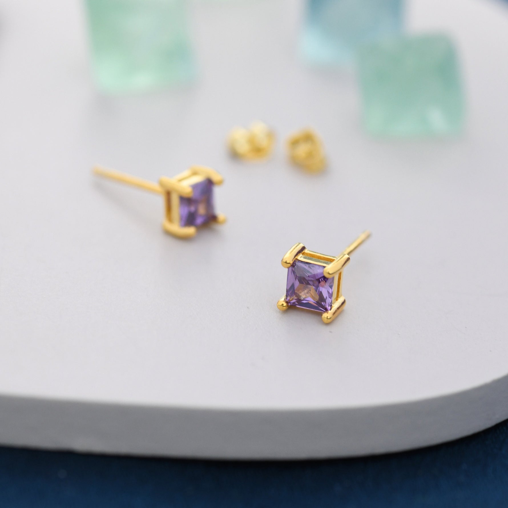 Princess Cut Amethyst Purple Stud Earrings in Sterling Silver, Square Cut Crystal Earrings, Purple CZ, February Birthstone