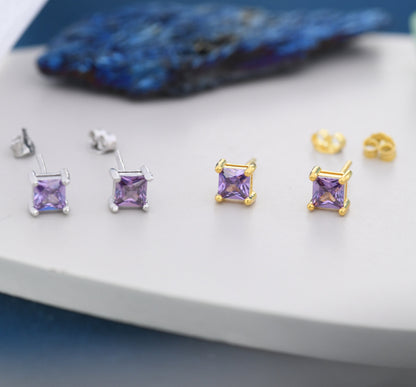 Princess Cut Amethyst Purple Stud Earrings in Sterling Silver,  Square Cut Crystal Earrings, Purple CZ, February Birthstone