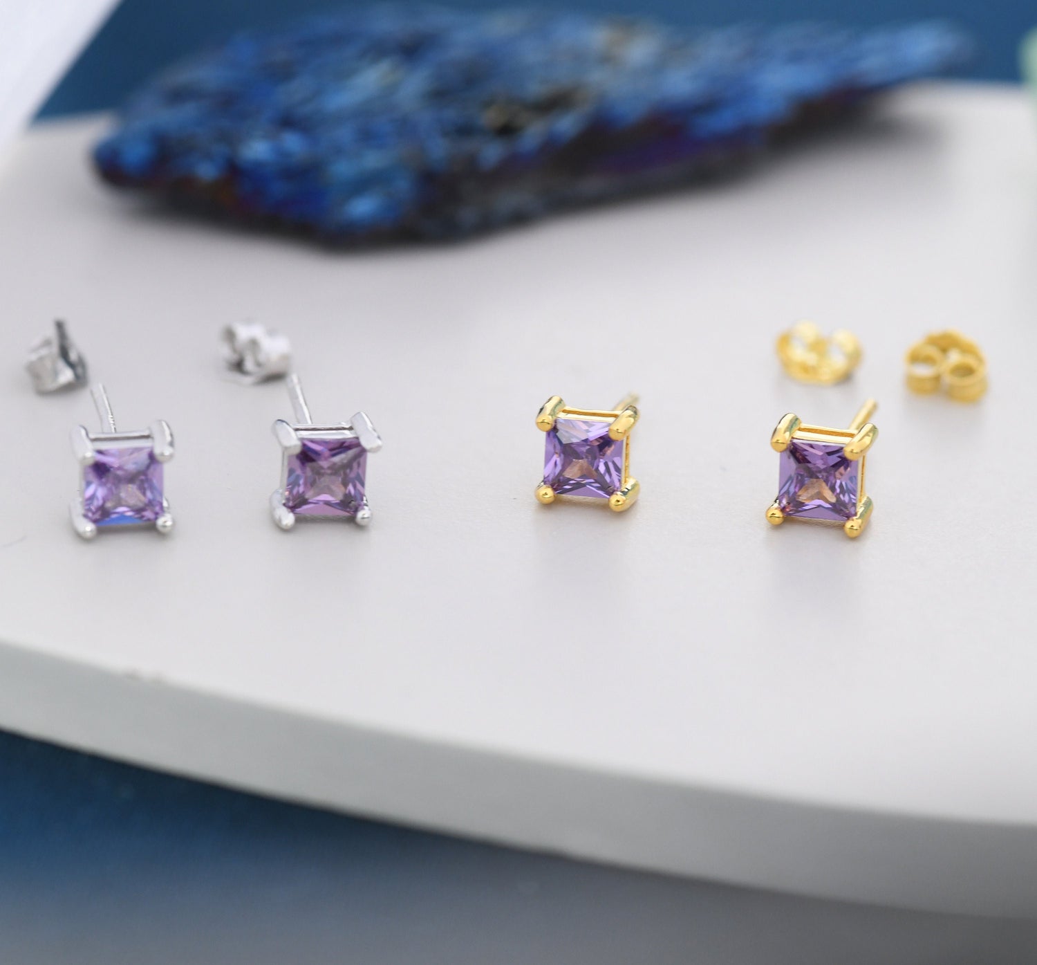 Princess Cut Amethyst Purple Stud Earrings in Sterling Silver, Square Cut Crystal Earrings, Purple CZ, February Birthstone