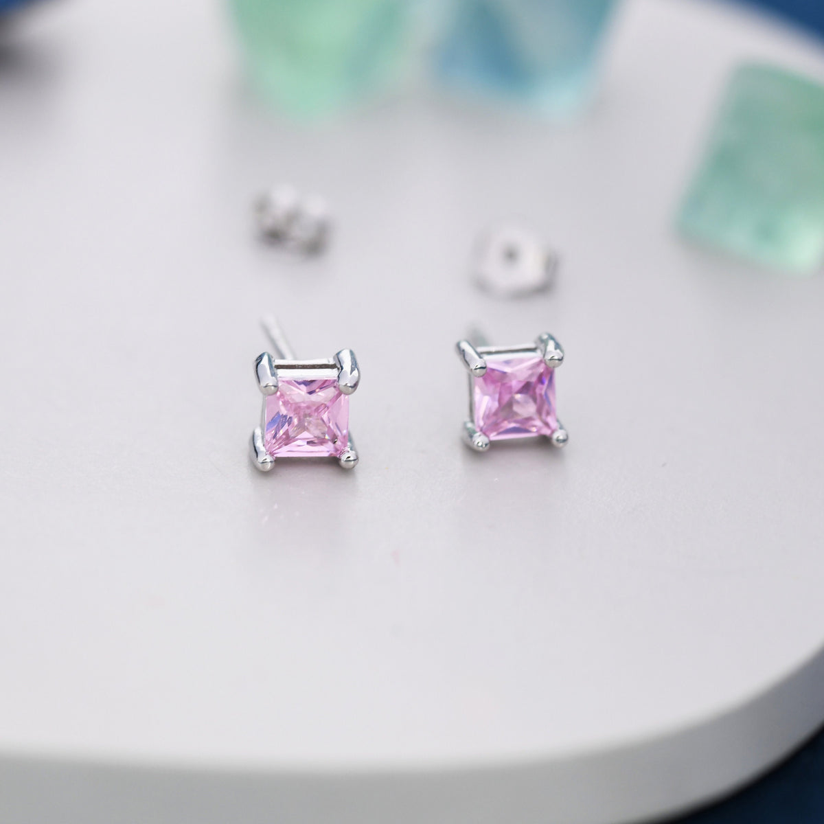 Princess Cut Tourmaline Pink Stud Earrings in Sterling Silver, Square Cut Crystal Earrings, Purple CZ, October Birthstone