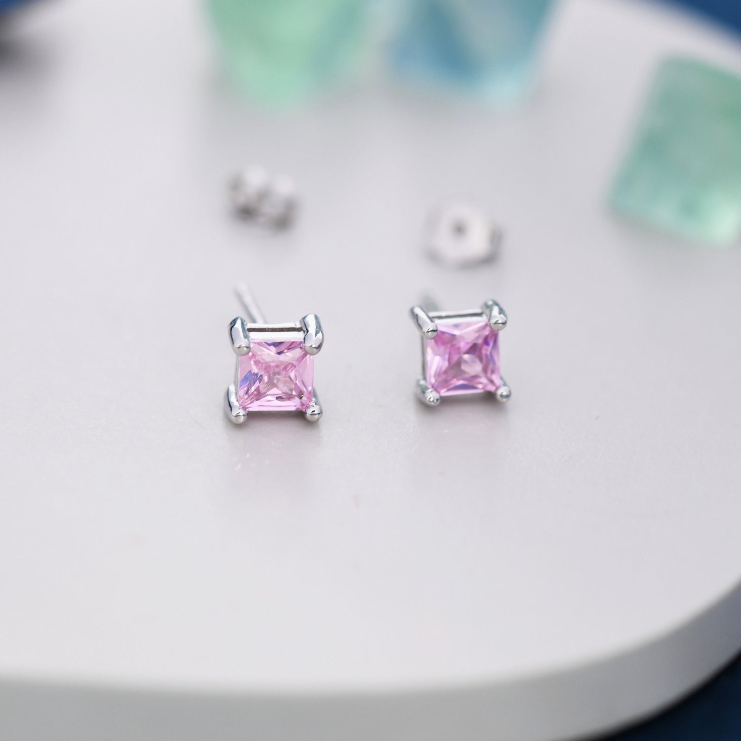 Princess Cut Tourmaline Pink Stud Earrings in Sterling Silver, Square Cut Crystal Earrings, Purple CZ, October Birthstone