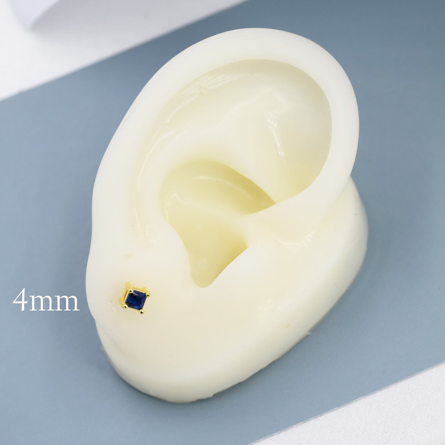 Princess Cut Dark Sapphire Blue CZ Stud Earrings in Sterling Silver, Square Cut Crystal Earrings, Purple CZ, September Birthstone