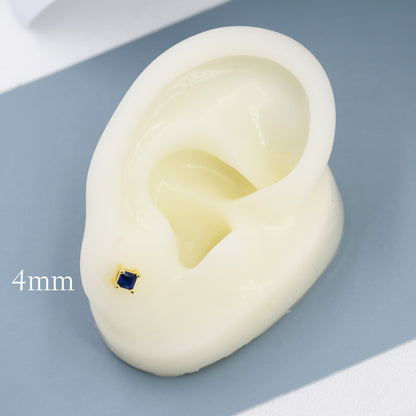 Princess Cut Dark Sapphire Blue CZ Stud Earrings in Sterling Silver, Square Cut Crystal Earrings, Purple CZ, September Birthstone