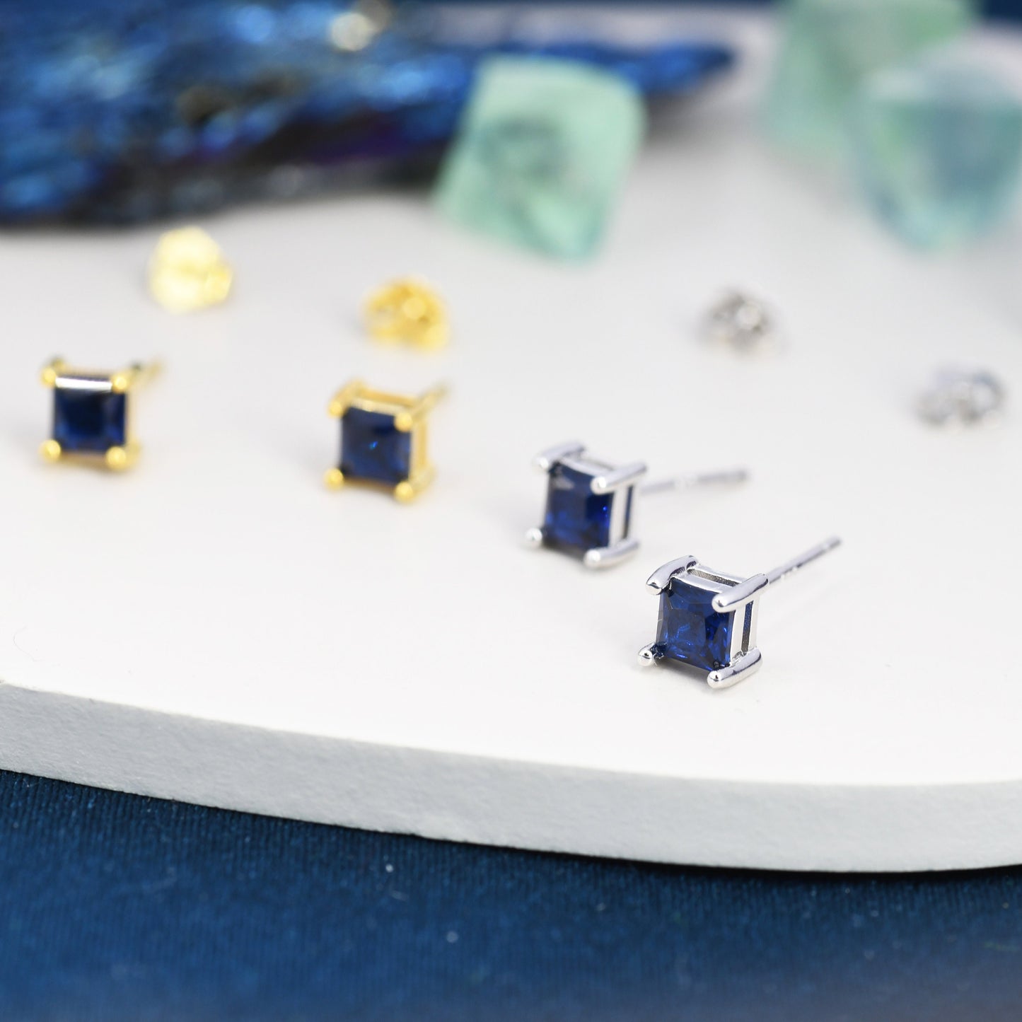 Princess Cut Dark Sapphire Blue CZ Stud Earrings in Sterling Silver, Square Cut Crystal Earrings, Purple CZ, September Birthstone