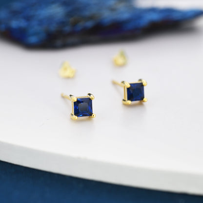Princess Cut Dark Sapphire Blue CZ Stud Earrings in Sterling Silver, Square Cut Crystal Earrings, Purple CZ, September Birthstone