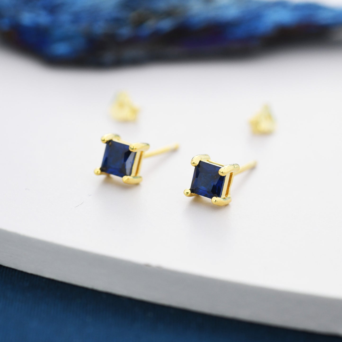 Princess Cut Dark Sapphire Blue CZ Stud Earrings in Sterling Silver, Square Cut Crystal Earrings, Purple CZ, September Birthstone