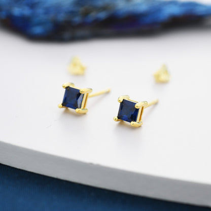 Princess Cut Dark Sapphire Blue CZ Stud Earrings in Sterling Silver, Square Cut Crystal Earrings, Purple CZ, September Birthstone