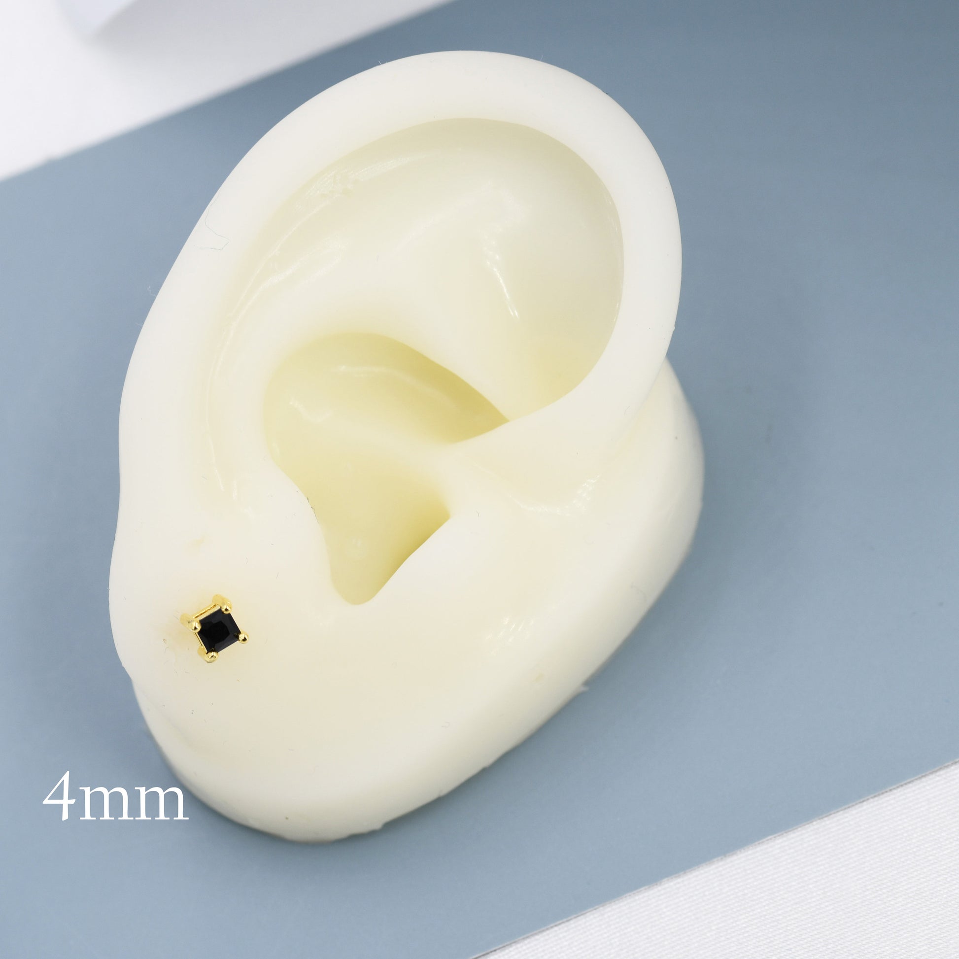 Princess Cut Black CZ Stud Earrings in Sterling Silver, Square Cut Crystal Earrings, Black Diamond