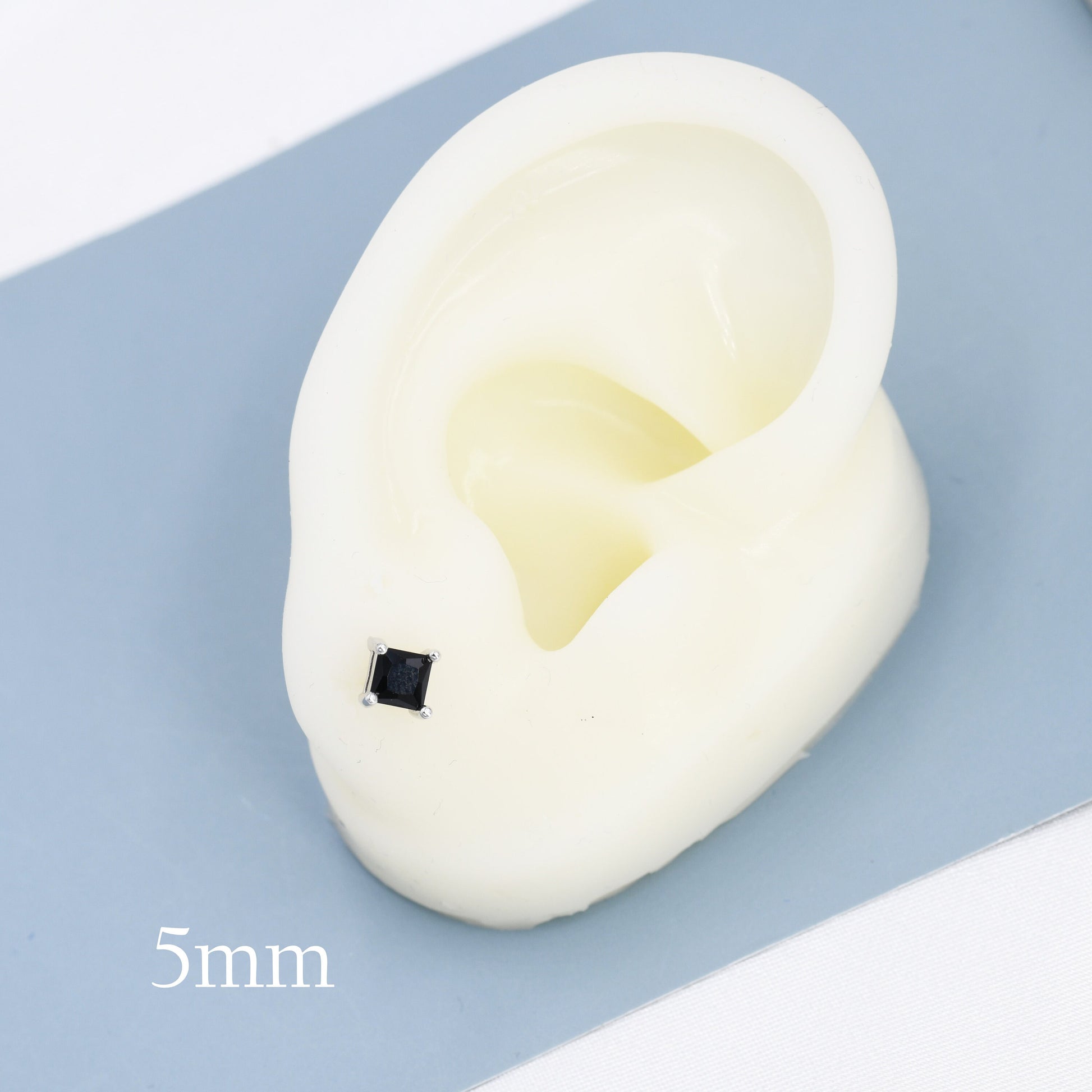 Princess Cut Black CZ Stud Earrings in Sterling Silver, Square Cut Crystal Earrings, Black Diamond