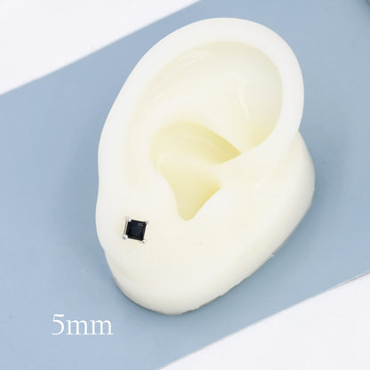 Princess Cut Black CZ Stud Earrings in Sterling Silver, Square Cut Crystal Earrings, Black Diamond