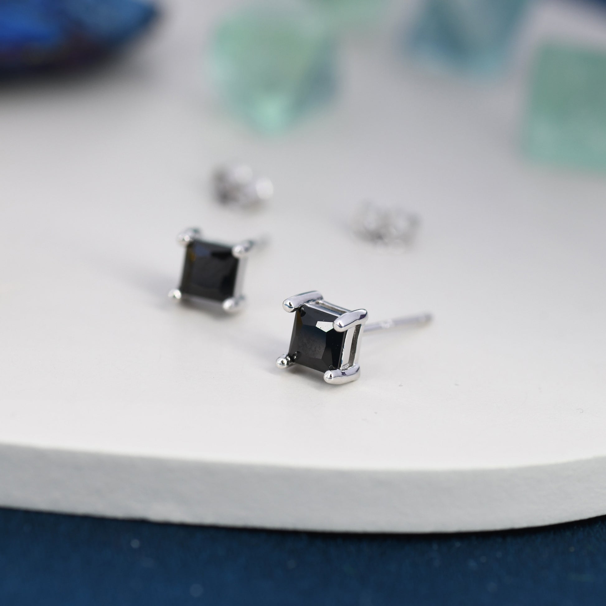 Princess Cut Black CZ Stud Earrings in Sterling Silver, Square Cut Crystal Earrings, Black Diamond