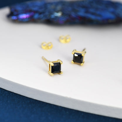 Princess Cut Black CZ Stud Earrings in Sterling Silver, Square Cut Crystal Earrings, Black Diamond