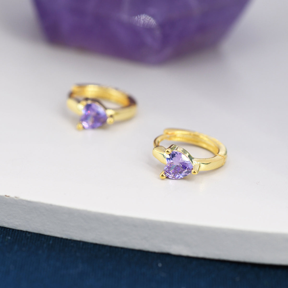 Amethyst Purple CZ Heart Huggie Hoop in Sterling Silver, Silver or Gold, 8mm Inner Diameter, Stacking Earrings