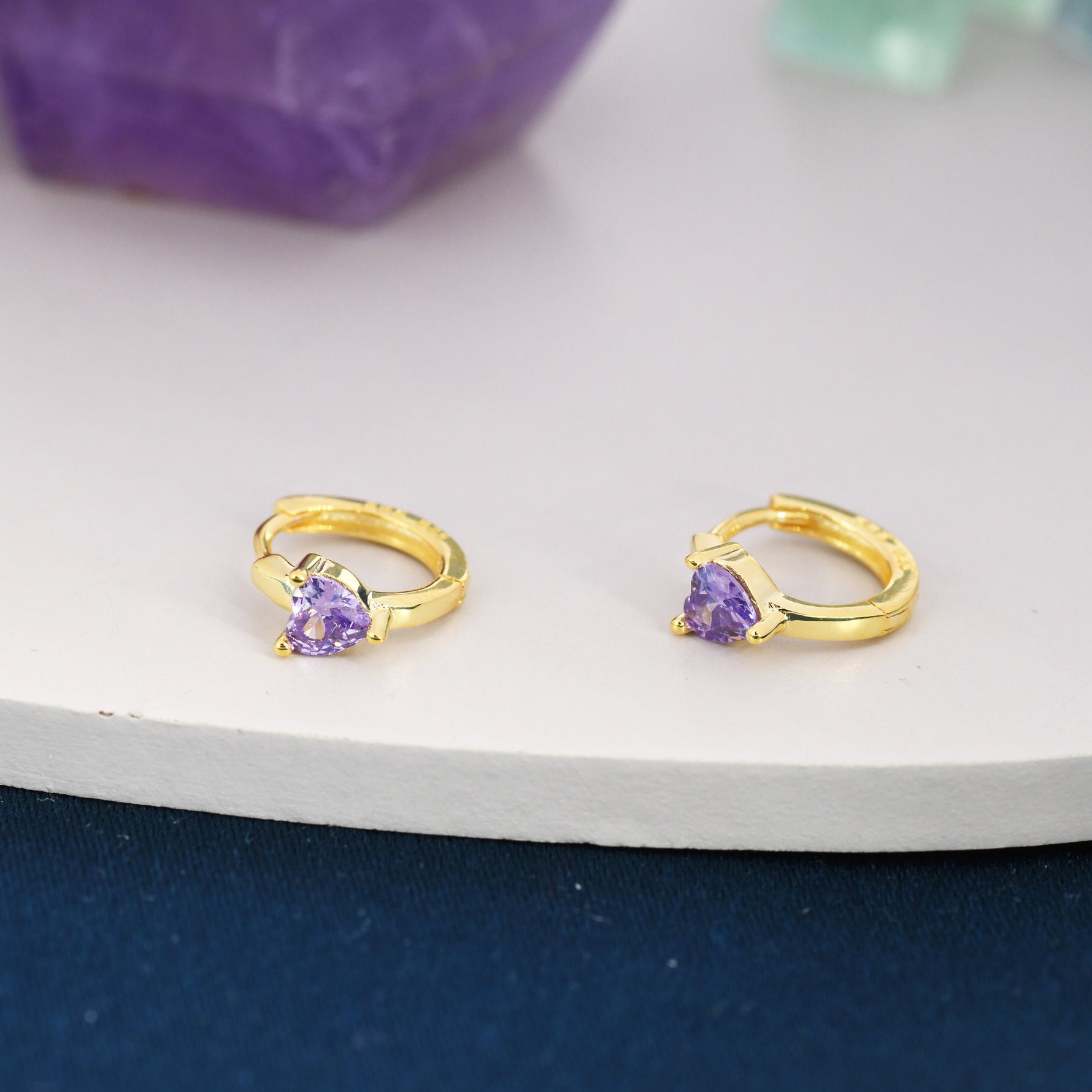 Amethyst Purple CZ Heart Huggie Hoop in Sterling Silver, Silver or Gold, 8mm Inner Diameter, Stacking Earrings