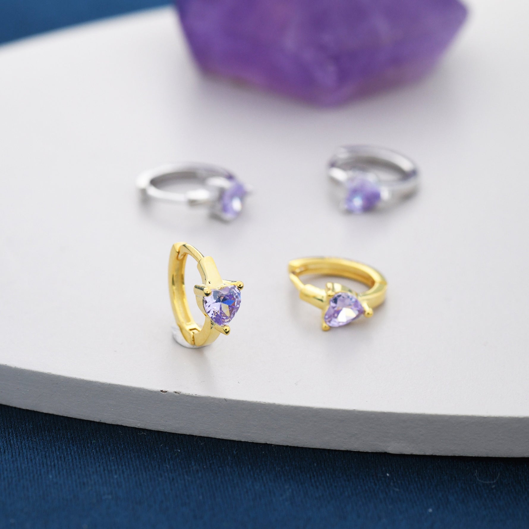 Alexandrite CZ Heart Huggie Hoop in Sterling Silver, Silver or Gold, 8mm Inner Diameter, Stacking Earrings