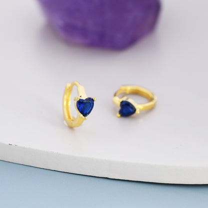 Sapphire Blue Heart Huggie Hoop in Sterling Silver, Silver or Gold,  8mm Inner Diameter, Stacking Earrings, September Birthstone