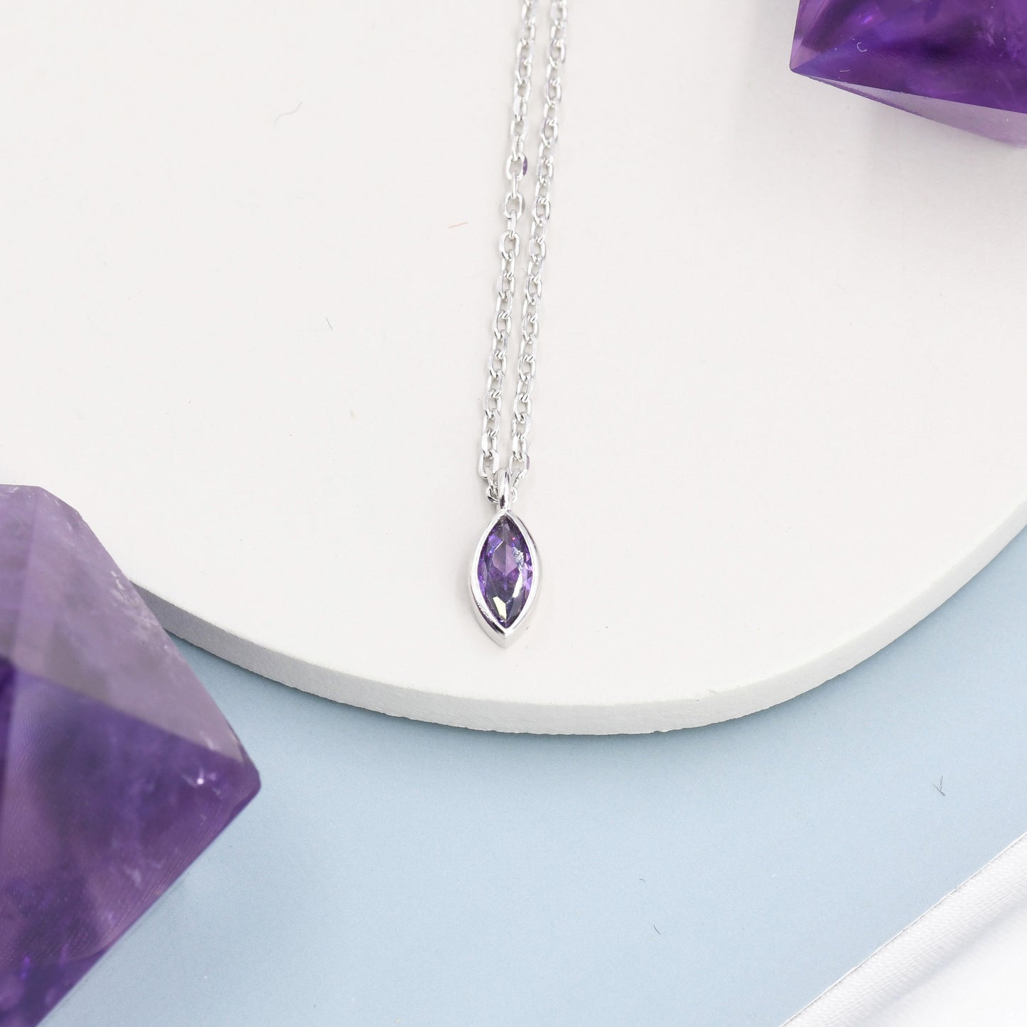 Extra Tiny Amethyst Purple Marquise CZ Necklace in Sterling Silver, Silver or Gold, Single Marquise Necklace