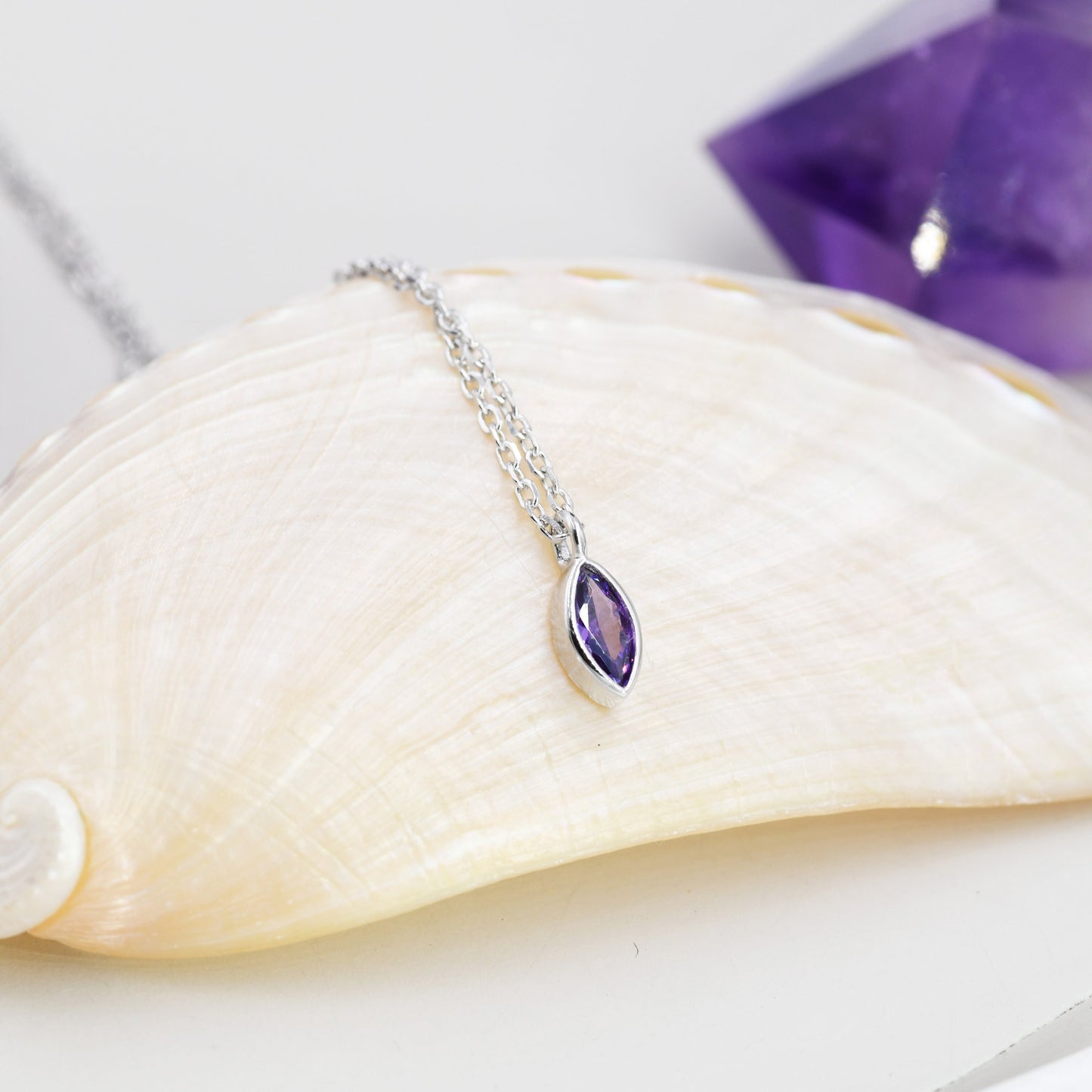 Extra Tiny Amethyst Purple Marquise CZ Necklace in Sterling Silver, Silver or Gold, Single Marquise Necklace