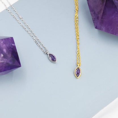 Extra Tiny Amethyst Purple Marquise CZ Necklace in Sterling Silver, Silver or Gold, Single Marquise Necklace